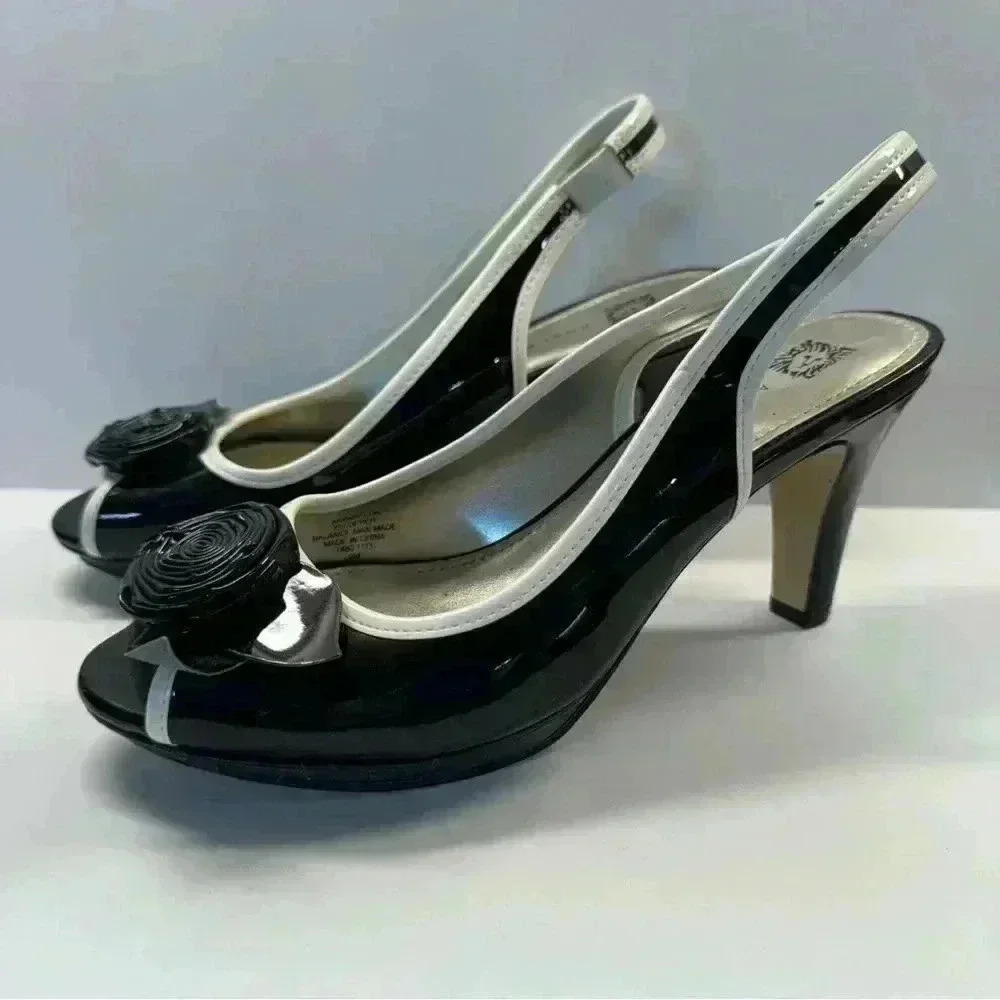 Anne Klein Women’s Size 6 Papillon Black White Peep Toe Slingback Heels Feminine